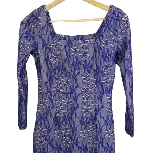 Miusol Cocktail Dress Blue Small White Overlay Square Neck Floral Lace Sheath - Picture 2 of 6